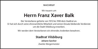 Traueranzeige Franz Balk