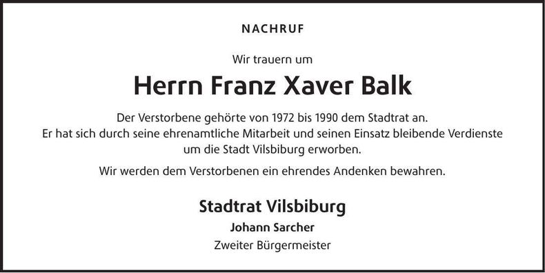 Traueranzeige Franz Balk
