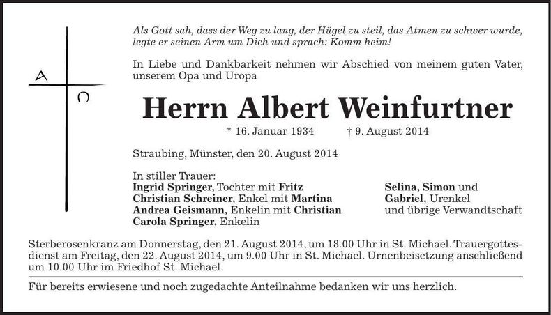 Traueranzeige Albert Weinfurtner