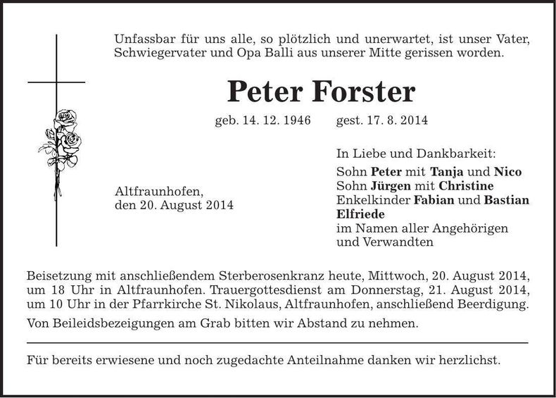 Traueranzeige Peter Forster