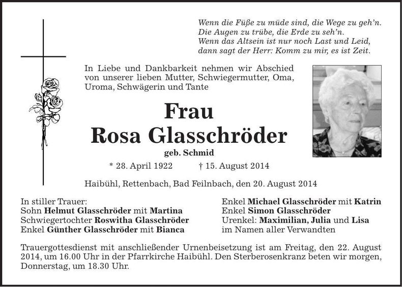 Traueranzeige Rosa Glasschröder