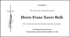 Traueranzeige Franz Xaver Balk