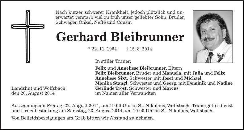 Traueranzeige Gerhard Bleibrunner