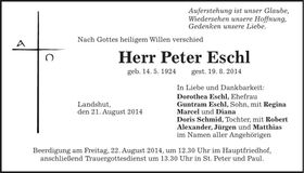 Traueranzeige Peter Eschl