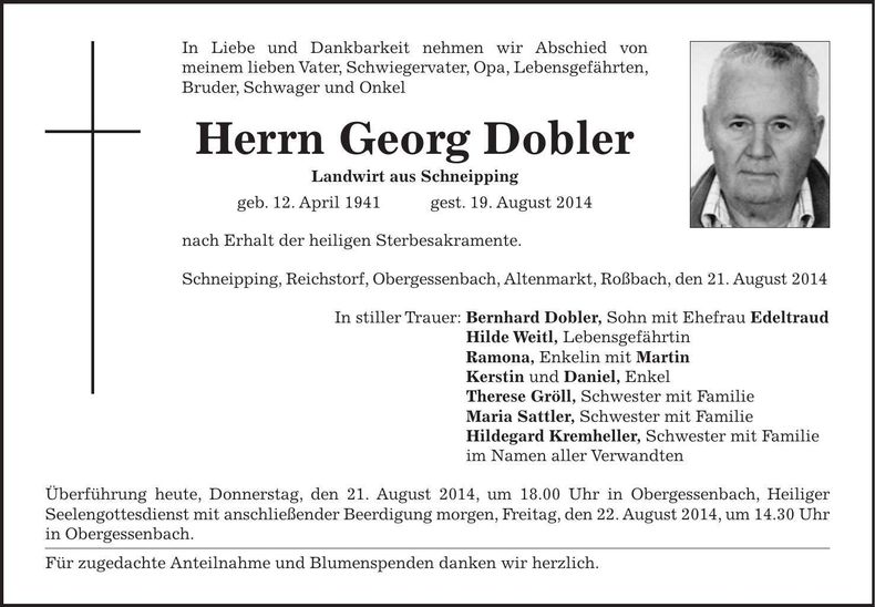Traueranzeige Georg Dobler