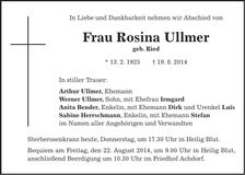 Traueranzeige Rosina Ullmer