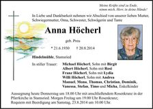 Traueranzeige Anna Höcherl