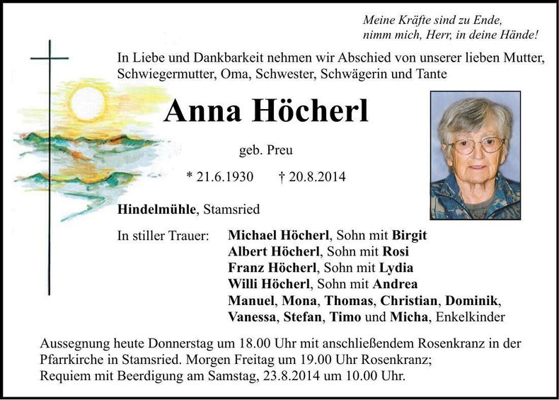 Traueranzeige Anna Höcherl