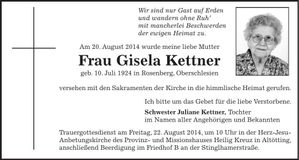 Traueranzeige Gisela Kettner