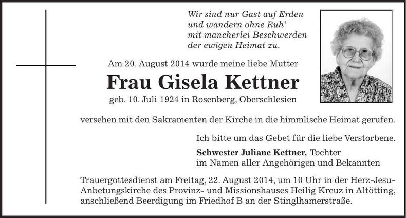 Traueranzeige Gisela Kettner