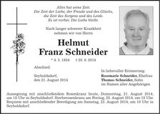 Traueranzeige Helmut Franz Schneider