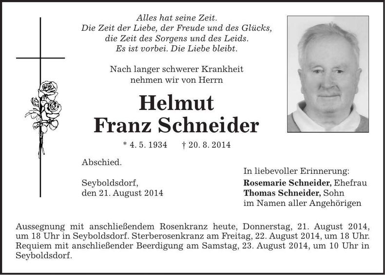 Traueranzeige Helmut Franz Schneider