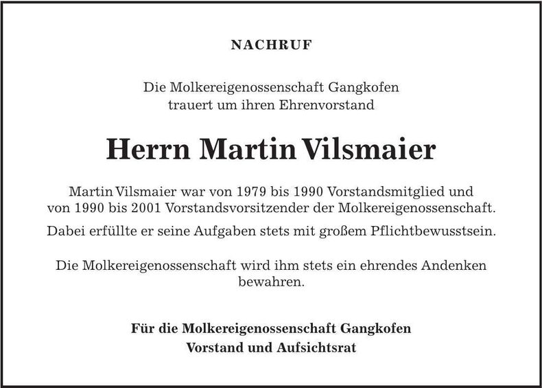 Traueranzeige Martin Vilsmaier