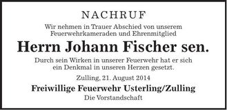 Traueranzeige Johann Fischer sen.