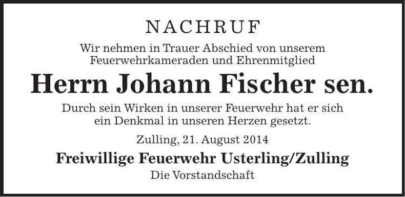 Traueranzeige Johann Fischer sen.