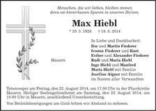Traueranzeige Max Hiebl