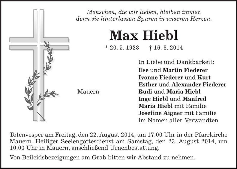 Traueranzeige Max Hiebl