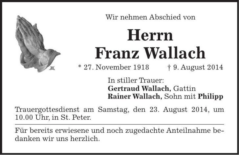 Traueranzeige Franz Wallach