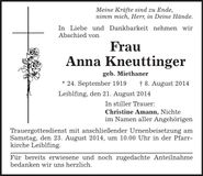 Traueranzeige Anna Kneuttinger