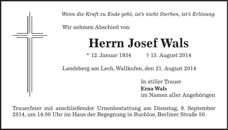 Traueranzeige Josef Wals