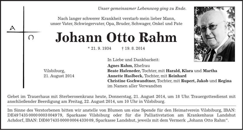 Traueranzeige Johann Otto Rahm
