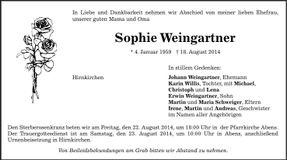 Traueranzeige Sophie Weingartner