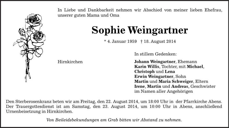 Traueranzeige Sophie Weingartner