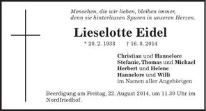 Traueranzeige Lieselotte Eidel