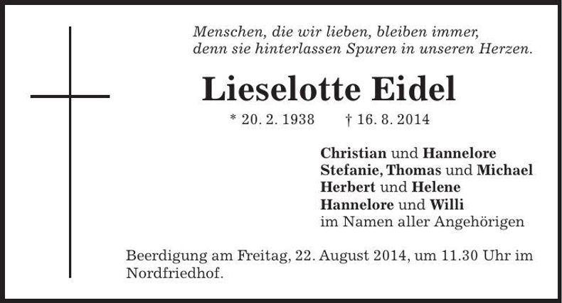 Traueranzeige Lieselotte Eidel