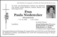 Traueranzeige Paula Niederecker