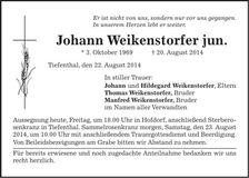 Traueranzeige Johann Weikenstorfer jun.