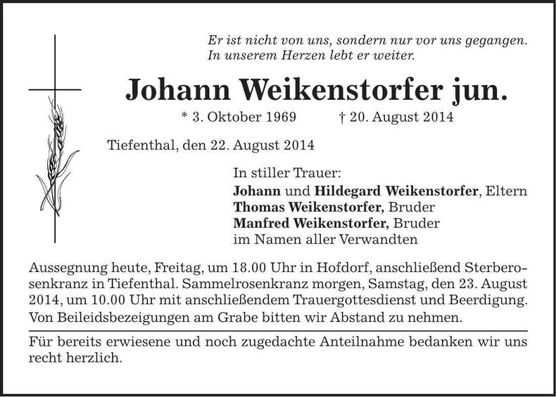 Traueranzeige Johann Weikenstorfer jun.