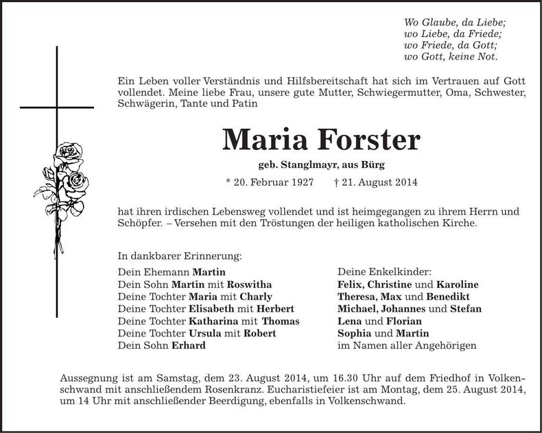 Traueranzeige Maria Forster