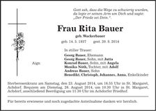 Traueranzeige Rita Bauer