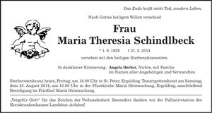 Traueranzeige Maria Theresia Schindlbeck