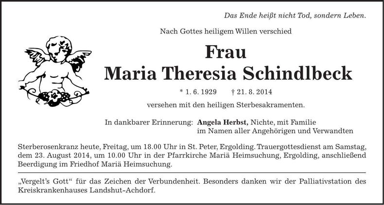 Traueranzeige Maria Theresia Schindlbeck