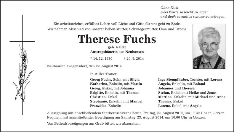 Traueranzeige Therese Fuchs
