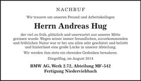 Traueranzeige Andreas Hug