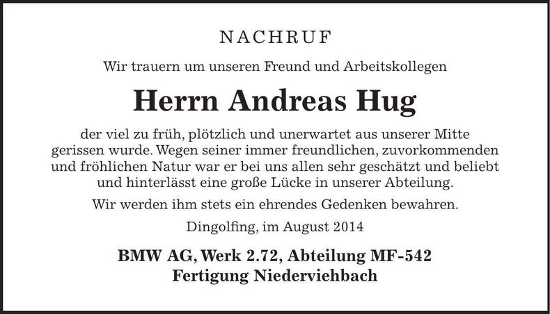 Traueranzeige Andreas Hug