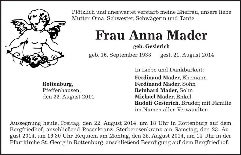 Traueranzeige Anna Mader