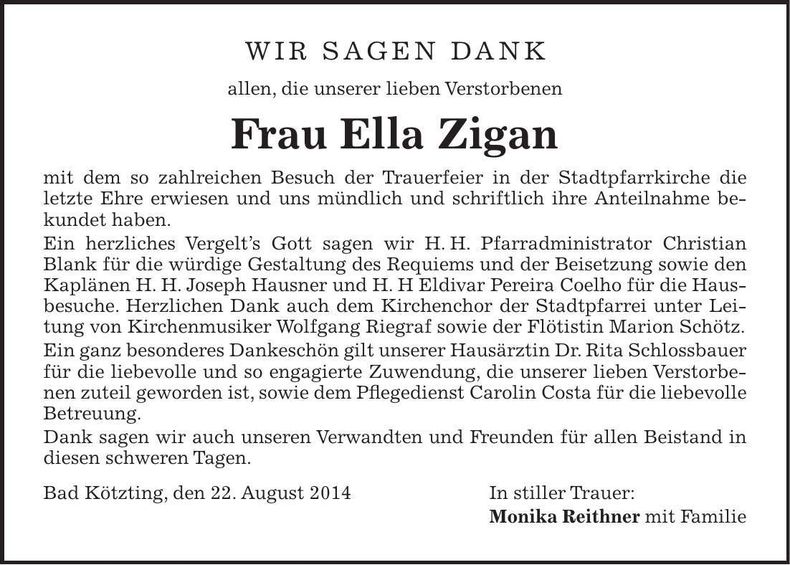 Traueranzeige Ella Zigan