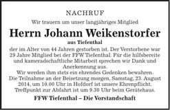 Traueranzeige Johann Weikenstorfer