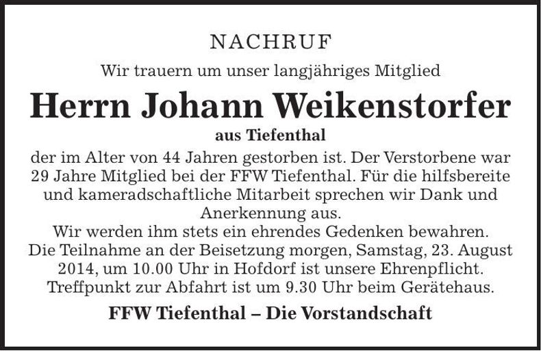 Traueranzeige Johann Weikenstorfer