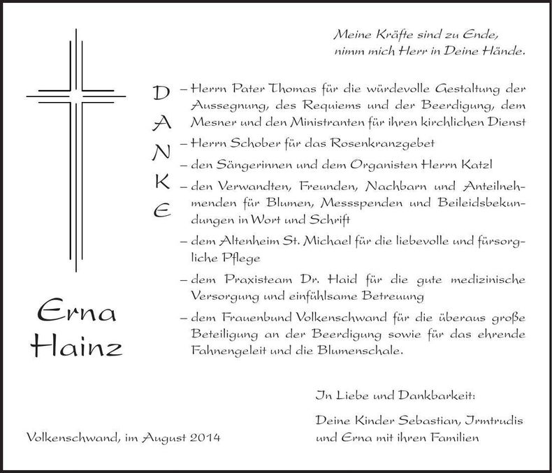 Traueranzeige Erna Hainz