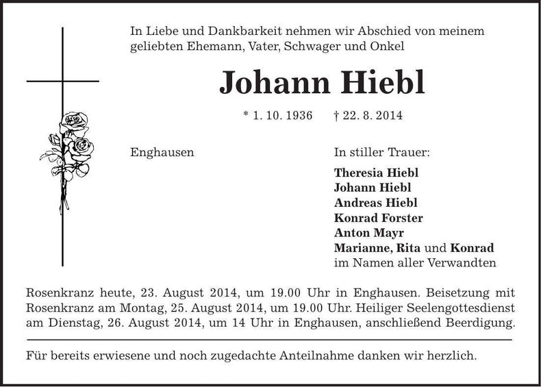 Traueranzeige Johann Hiebl