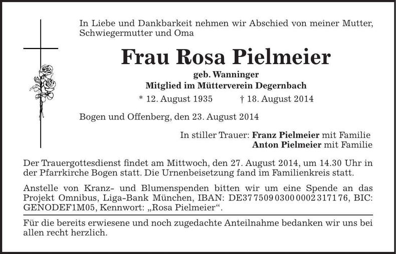 Traueranzeige Rosa Pielmeier