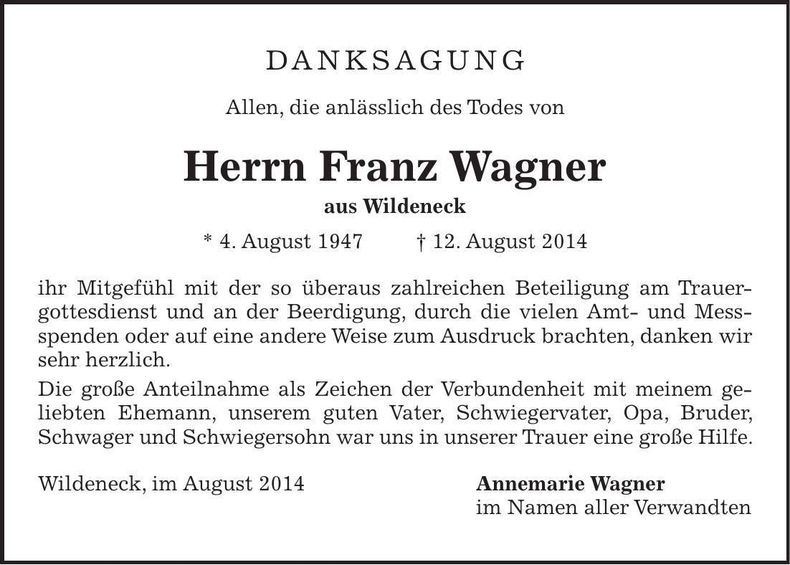 Traueranzeige Franz jun. Wagner