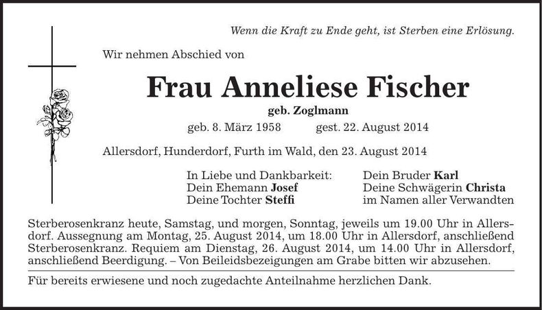 Traueranzeige Anneliese Fischer