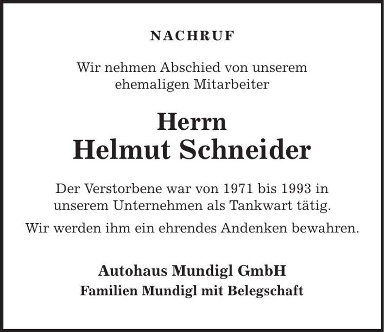 Traueranzeige Helmut Schneider