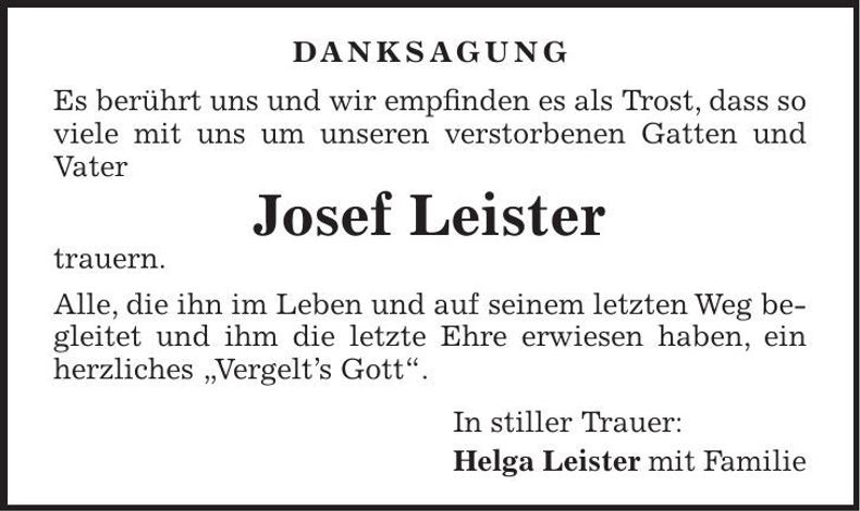 Traueranzeige Josef Leister